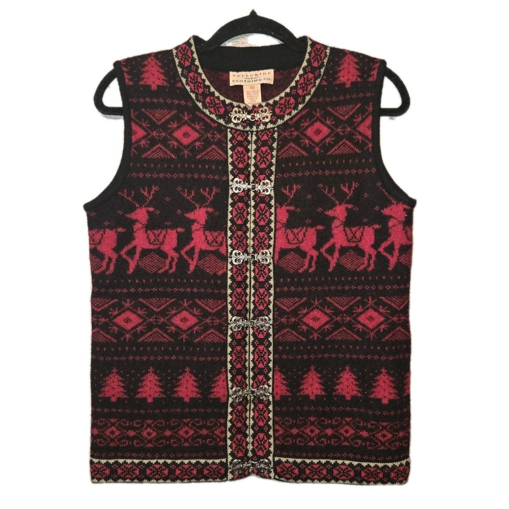 Vtg Telluride Clothing Nordic Reindeer Wool Vest Maroon Red Black Women's Small